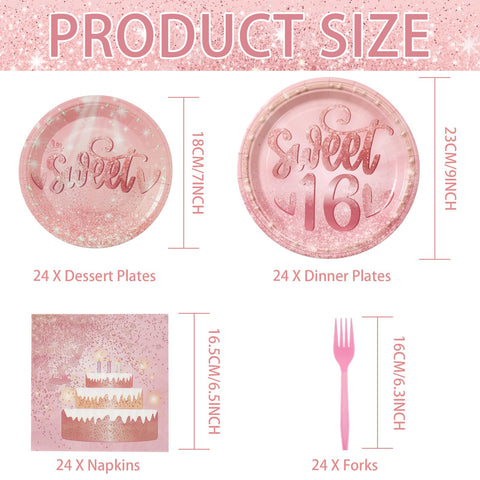 96 Pcs Sweet 16 Party Plates and Napkins - Grencian