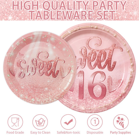 96 Pcs Sweet 16 Party Plates and Napkins - Grencian