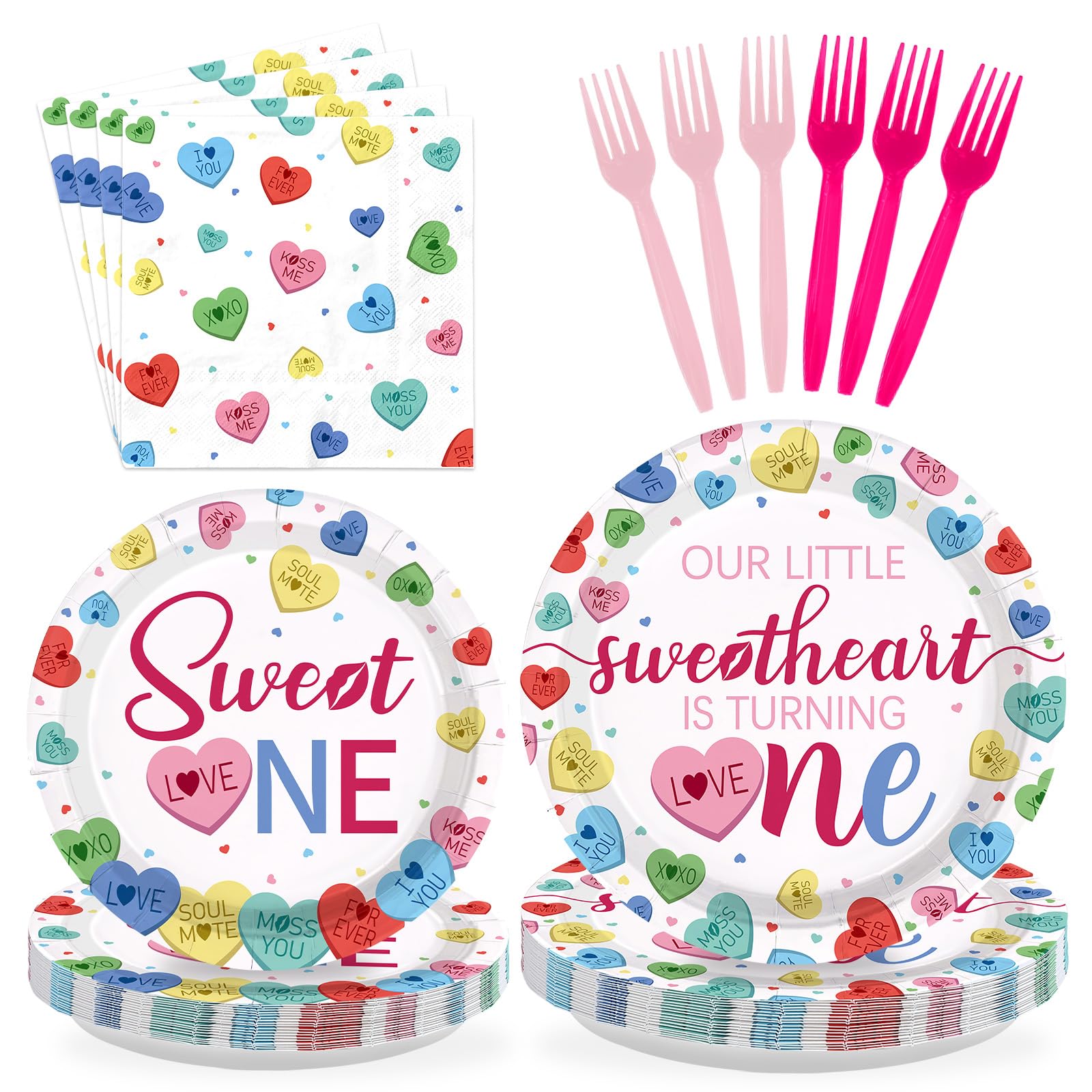 96 Pcs Sweetheart 1st Birthday Party Plates and Napkins - Grencian