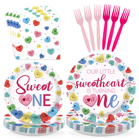 96 Pcs Sweetheart 1st Birthday Party Plates and Napkins - Grencian