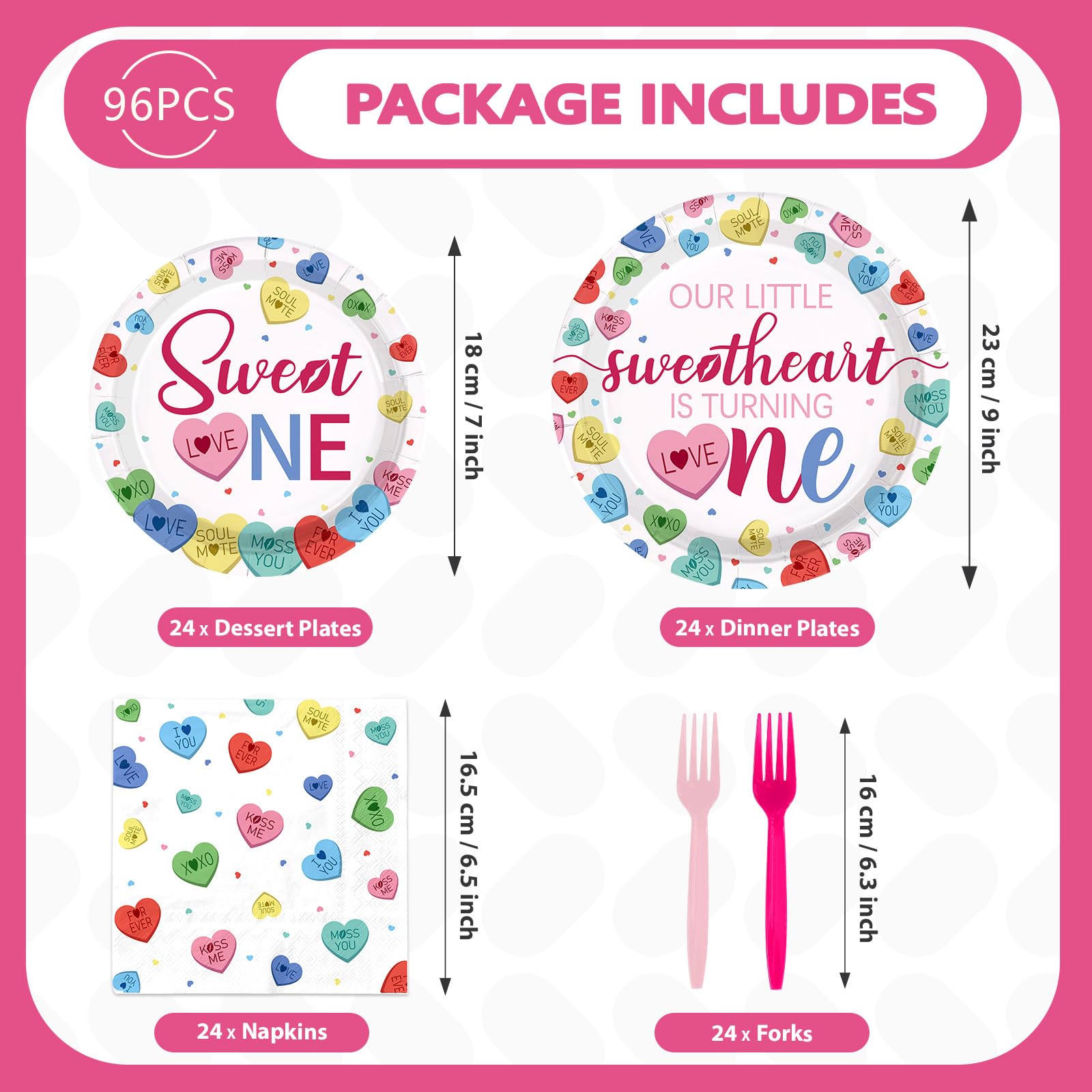 96 Pcs Sweetheart 1st Birthday Party Plates and Napkins - Grencian