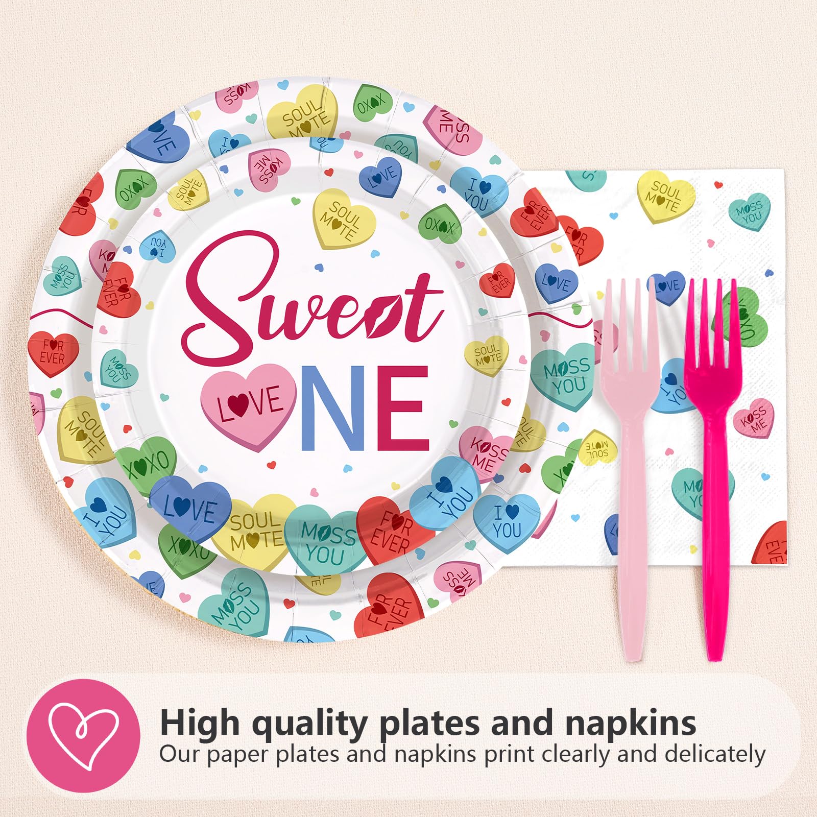 96 Pcs Sweetheart 1st Birthday Party Plates and Napkins - Grencian