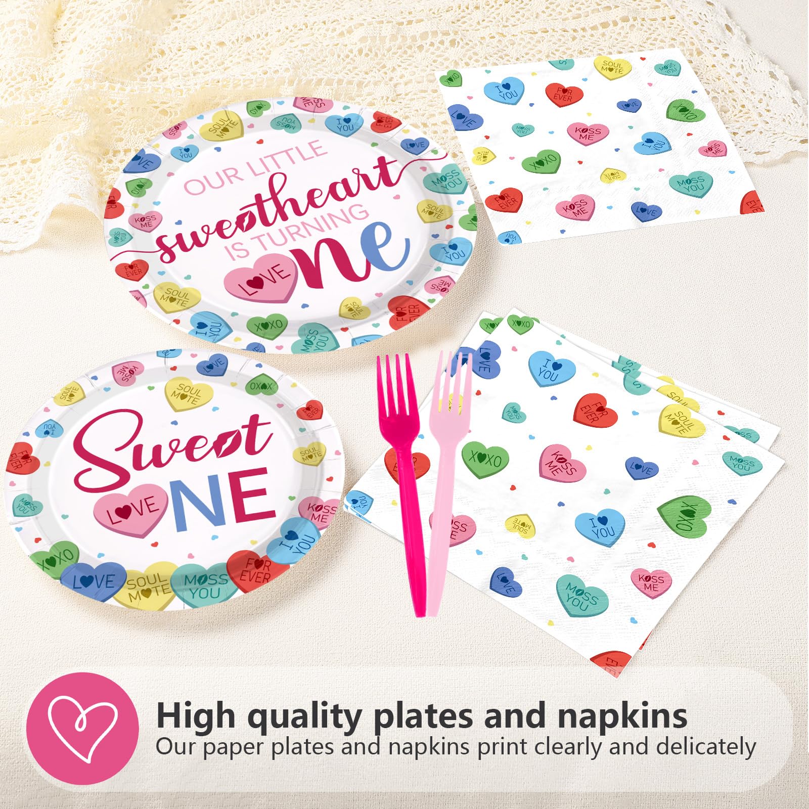 96 Pcs Sweetheart 1st Birthday Party Plates and Napkins - Grencian