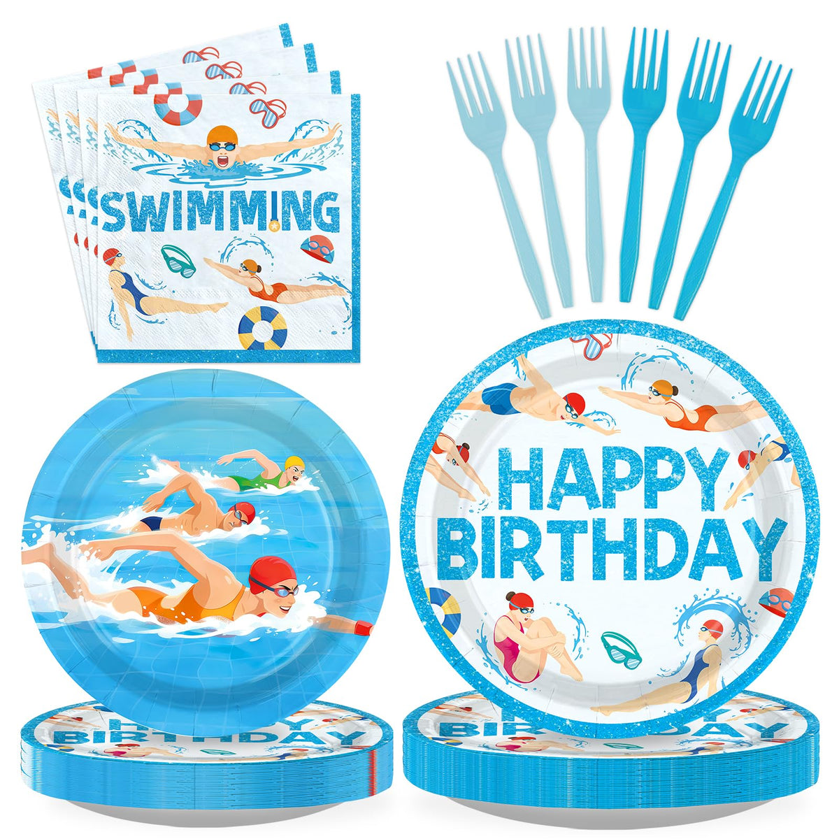 96 Pcs Swimming Birthday Party Plates and Napkins - Grencian