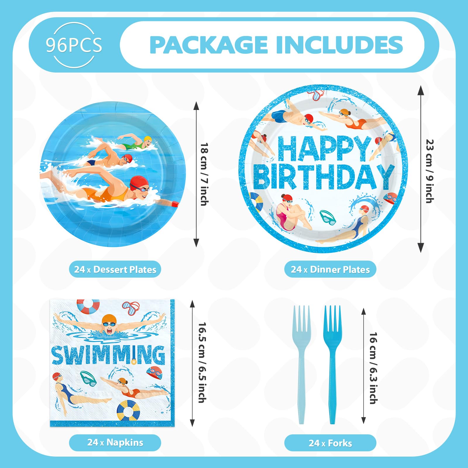 96 Pcs Swimming Birthday Party Plates and Napkins - Grencian