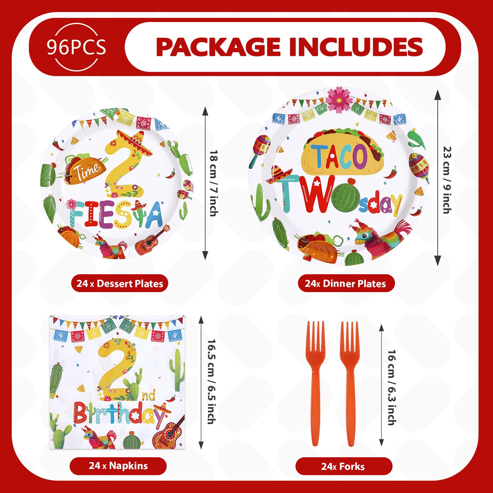 96 Pcs Taco 2nd Birthday Party Plates and Napkins - Grencian