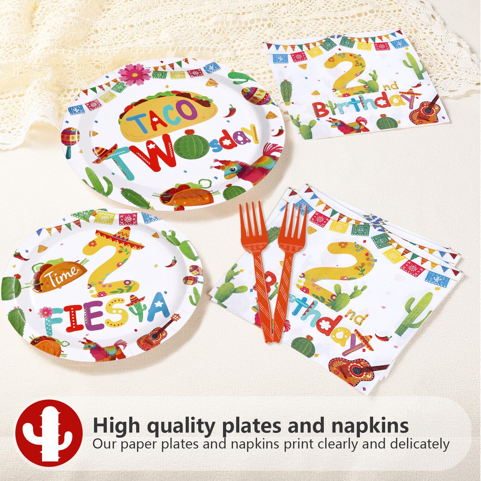 96 Pcs Taco 2nd Birthday Party Plates and Napkins - Grencian