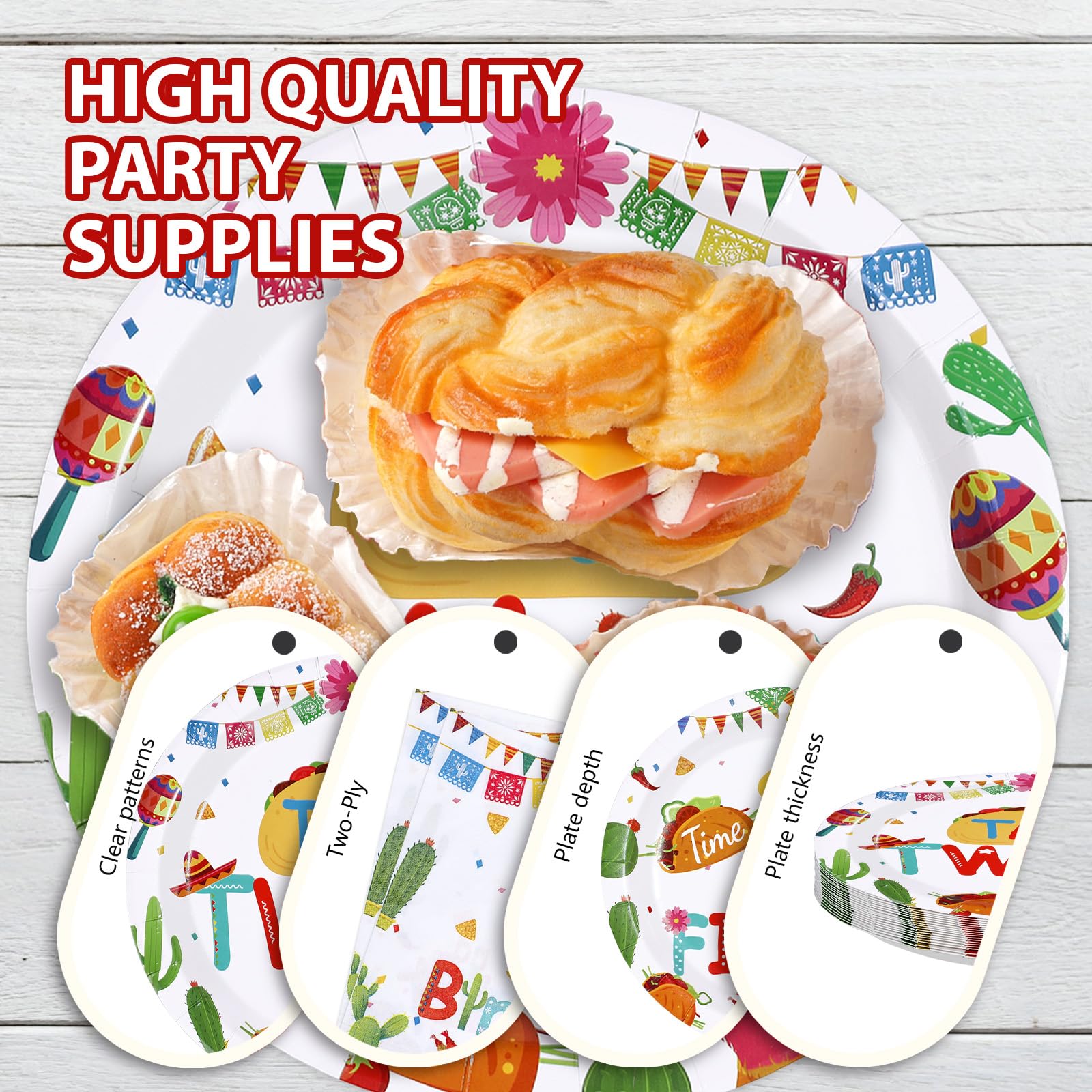 96 Pcs Taco 2nd Birthday Party Plates and Napkins - Grencian