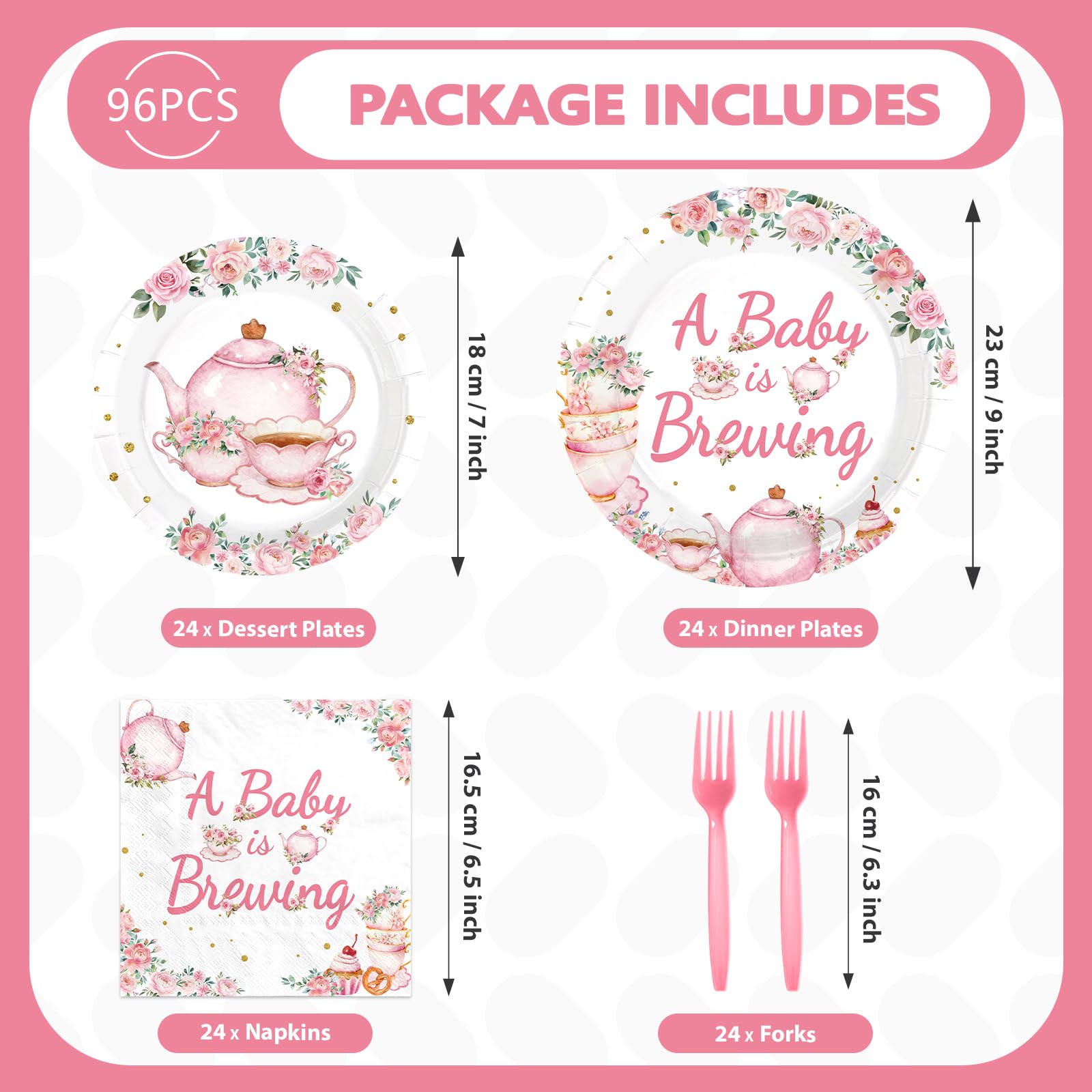 96 Pcs Tea Baby Shower Party Plates and Napkins - Grencian