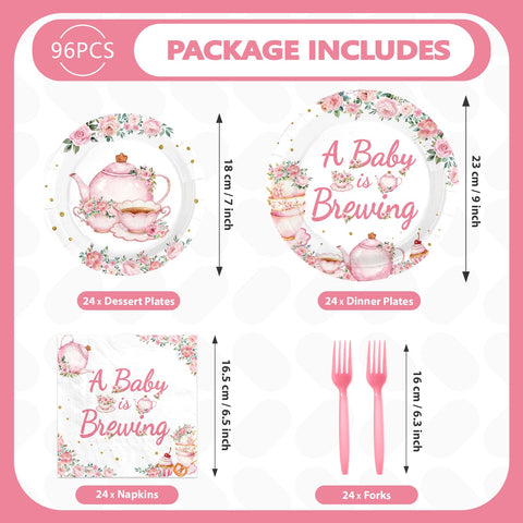 96 Pcs Tea Baby Shower Party Plates and Napkins - Grencian