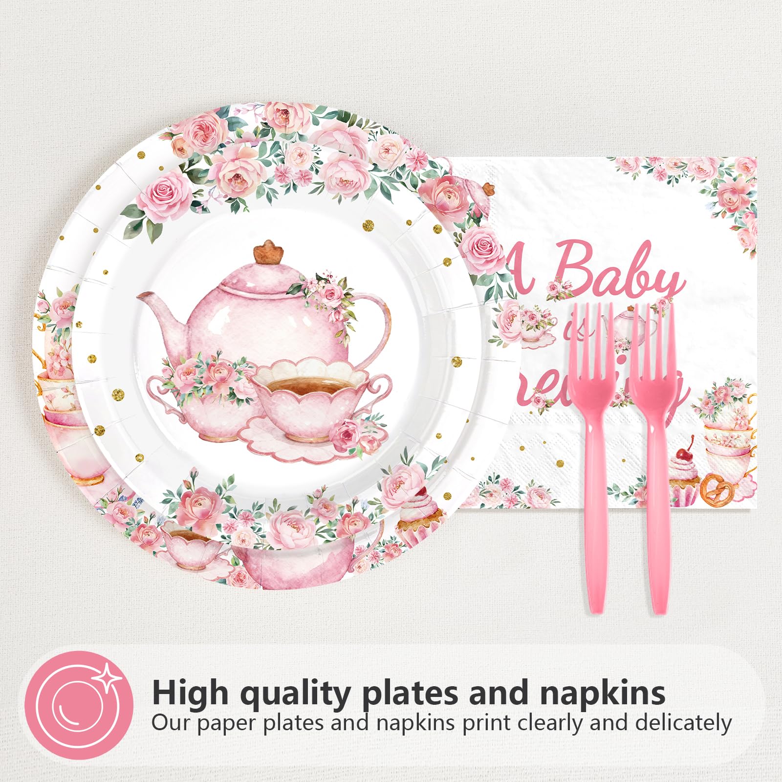 96 Pcs Tea Baby Shower Party Plates and Napkins - Grencian