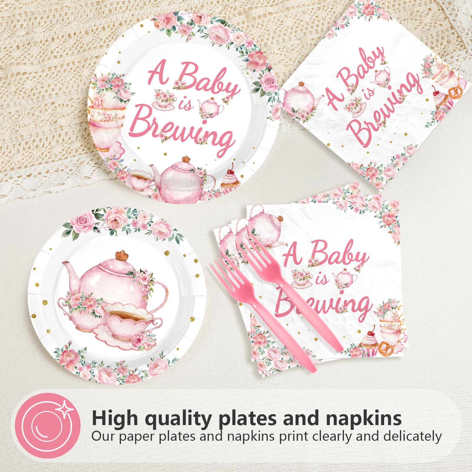 96 Pcs Tea Baby Shower Party Plates and Napkins - Grencian