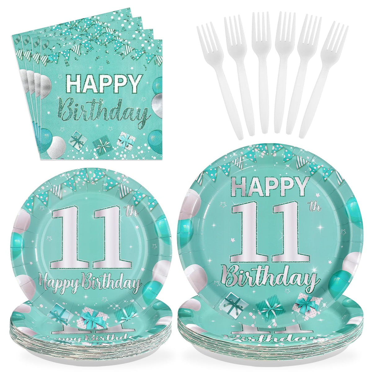 96 Pcs Teal 11st Birthday Party Plates and Napkins