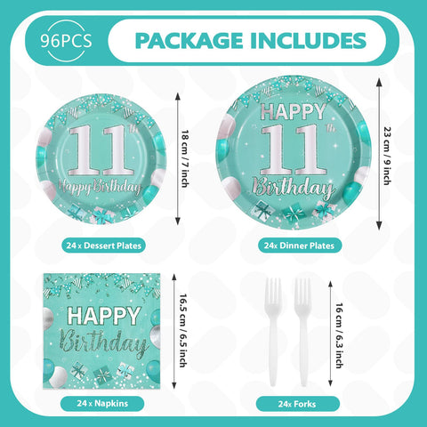 96 Pcs Teal 11st Birthday Party Plates and Napkins
