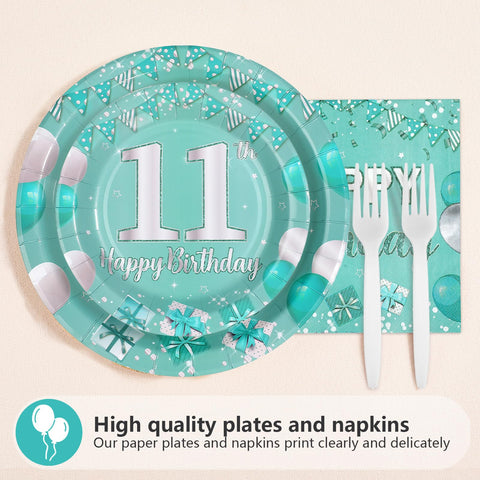 96 Pcs Teal 11st Birthday Party Plates and Napkins