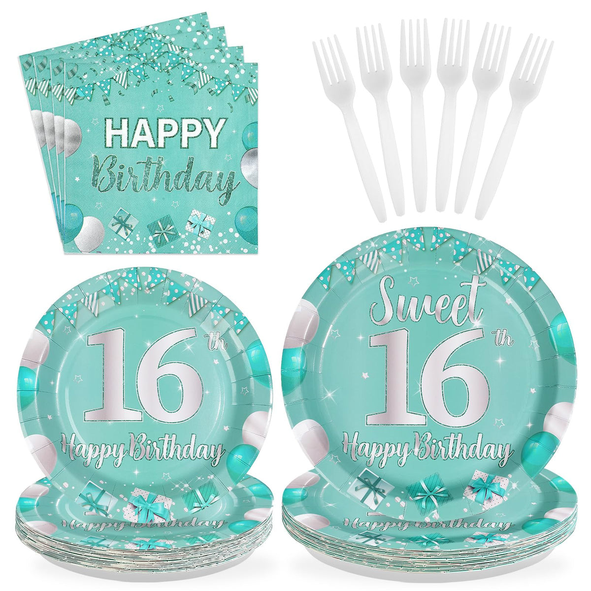 96 Pcs Teal 16th Birthday Party Plates and Napkins - Grencian