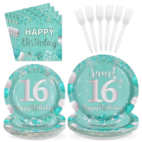 96 Pcs Teal 16th Birthday Party Plates and Napkins - Grencian