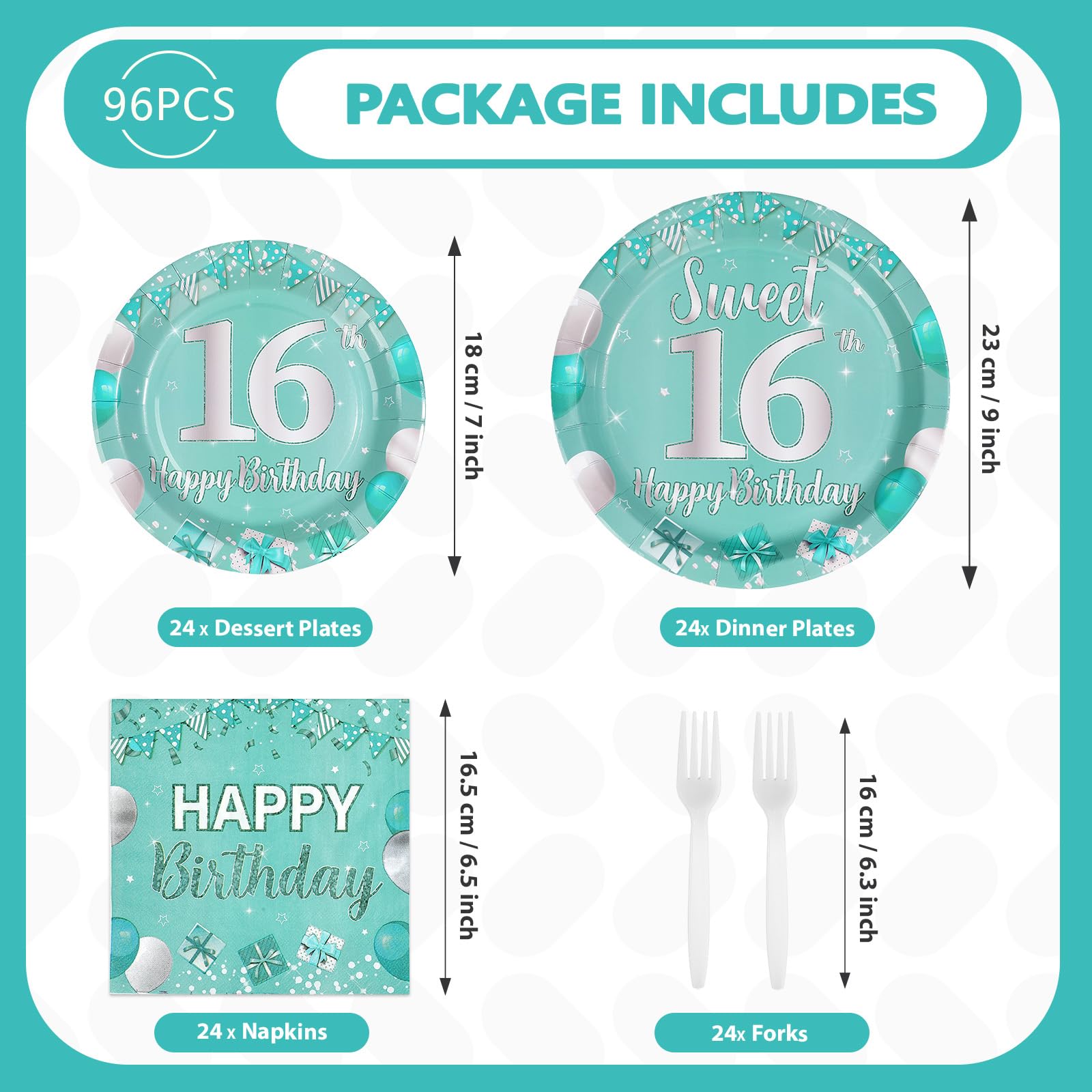 96 Pcs Teal 16th Birthday Party Plates and Napkins - Grencian