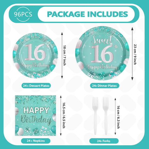96 Pcs Teal 16th Birthday Party Plates and Napkins - Grencian