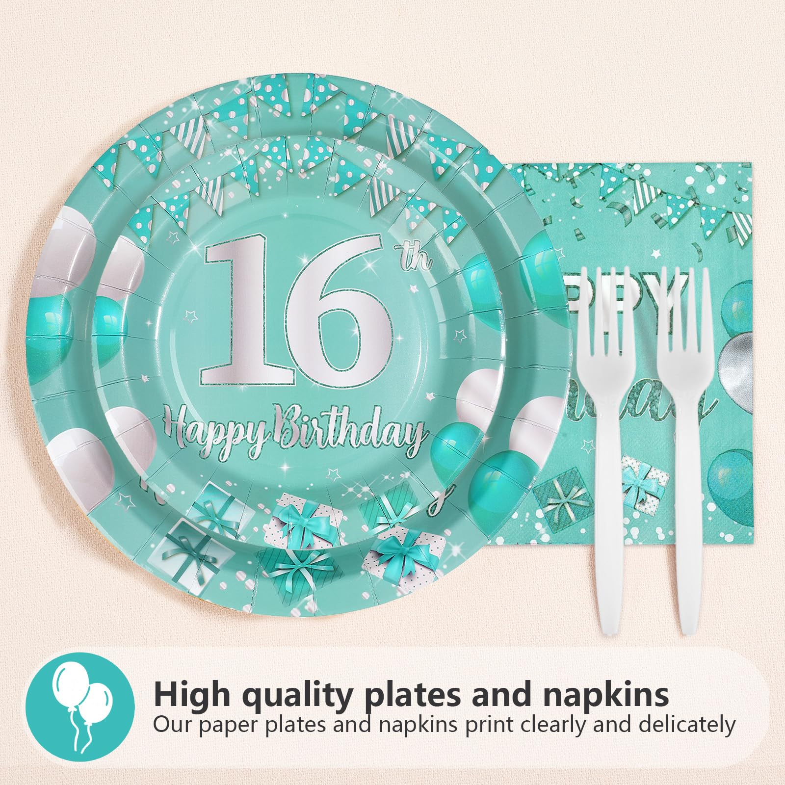 96 Pcs Teal 16th Birthday Party Plates and Napkins - Grencian