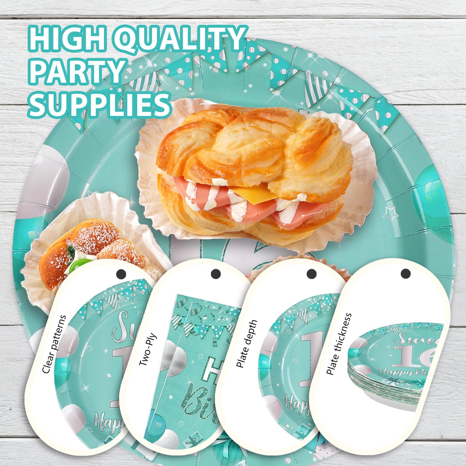 96 Pcs Teal 16th Birthday Party Plates and Napkins - Grencian