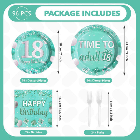 96 Pcs Teal 18th Birthday Party Plates and Napkins - Grencian