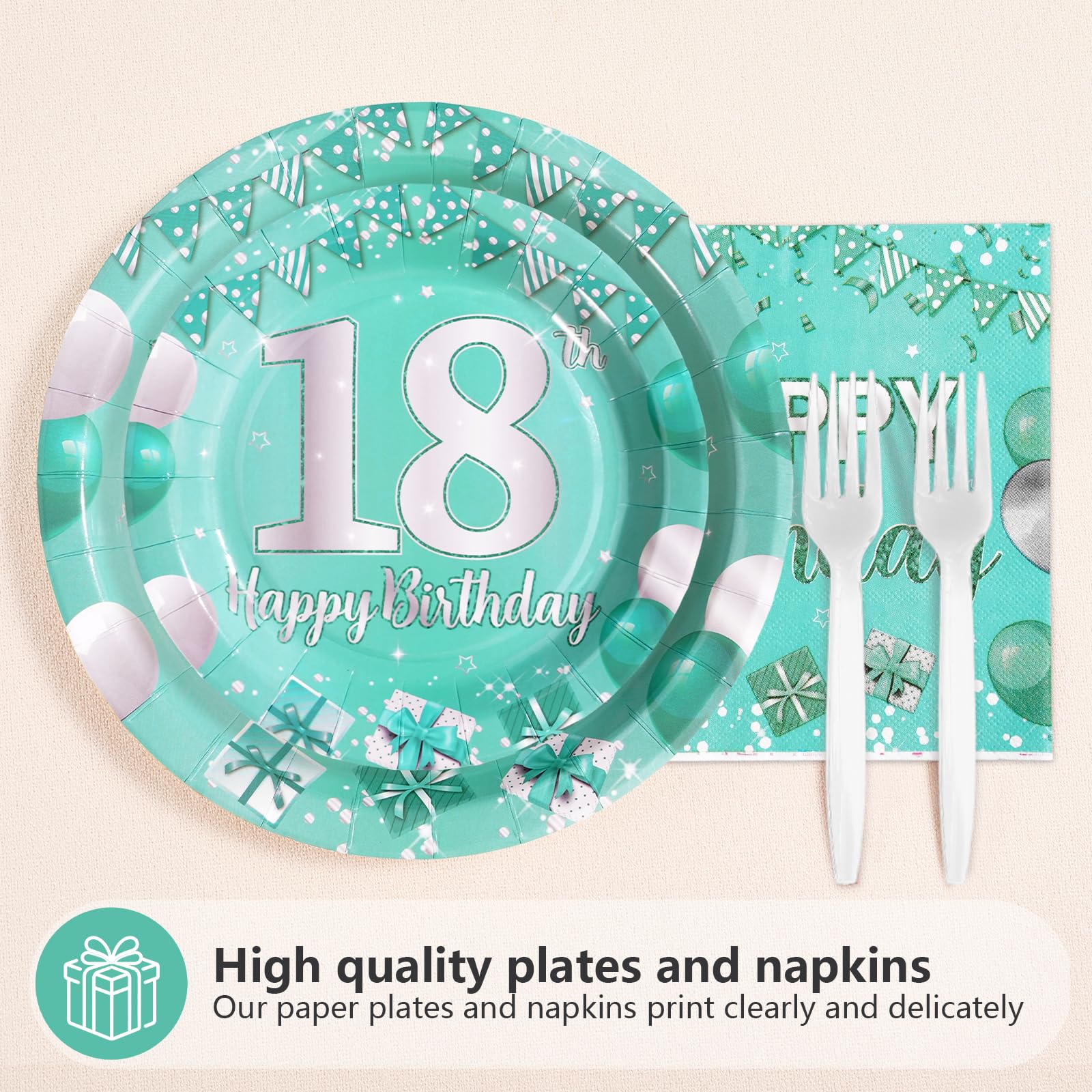 96 Pcs Teal 18th Birthday Party Plates and Napkins - Grencian