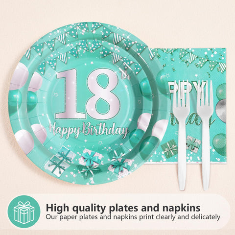 96 Pcs Teal 18th Birthday Party Plates and Napkins - Grencian