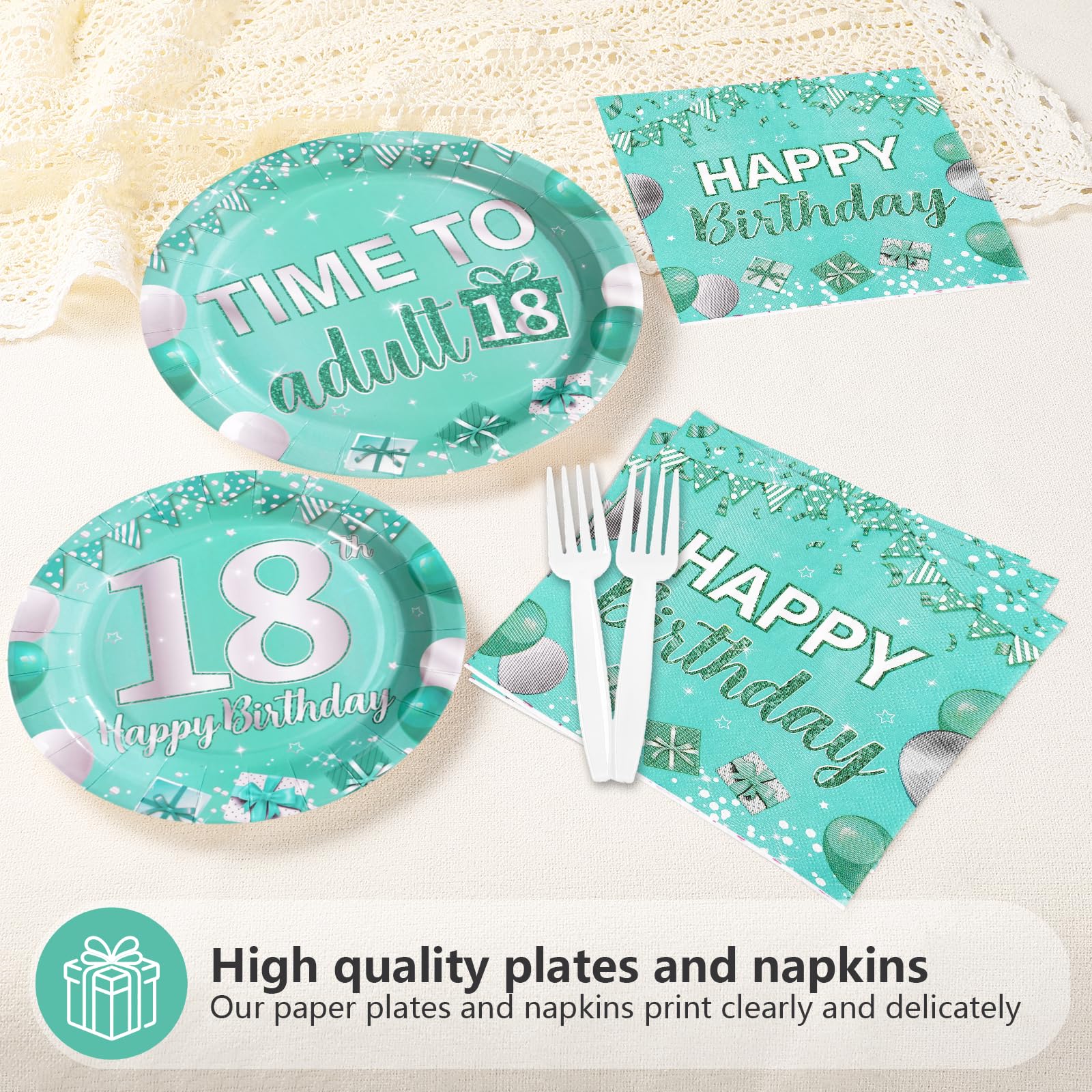 96 Pcs Teal 18th Birthday Party Plates and Napkins - Grencian