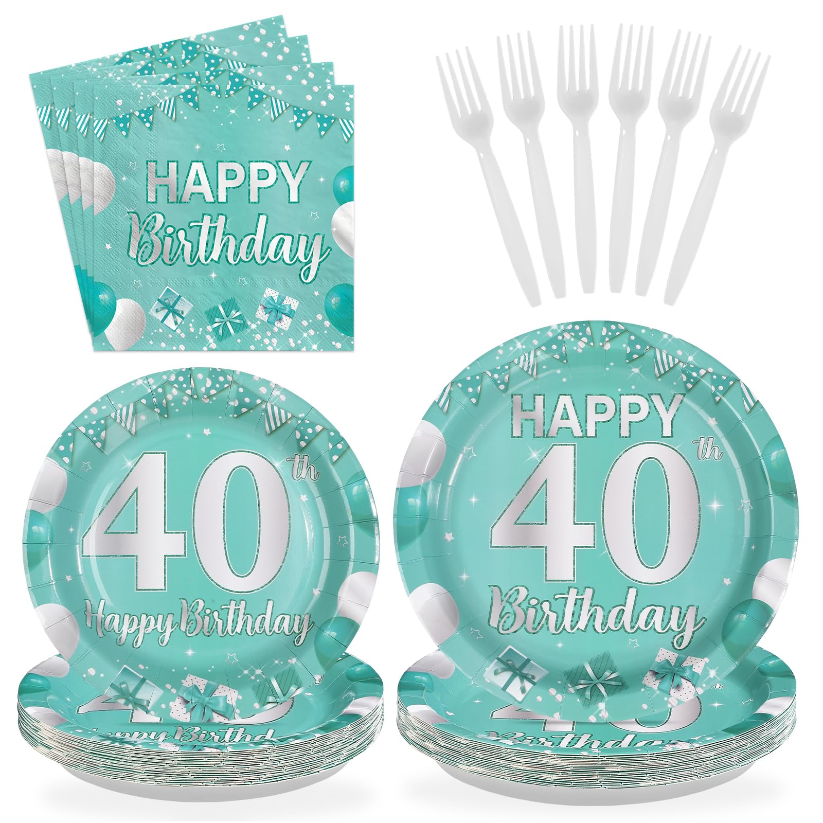 96 Pcs Teal 40th Birthday Party Plates and Napkins - Grencian