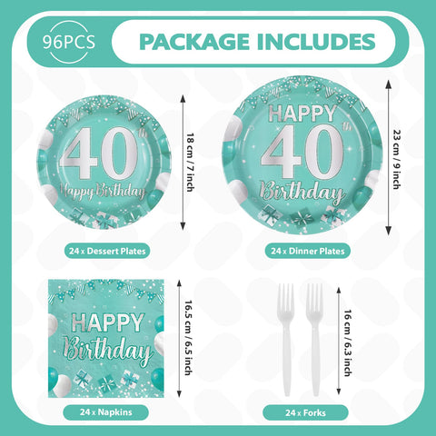 96 Pcs Teal 40th Birthday Party Plates and Napkins - Grencian