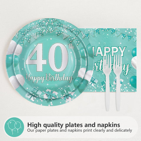 96 Pcs Teal 40th Birthday Party Plates and Napkins - Grencian