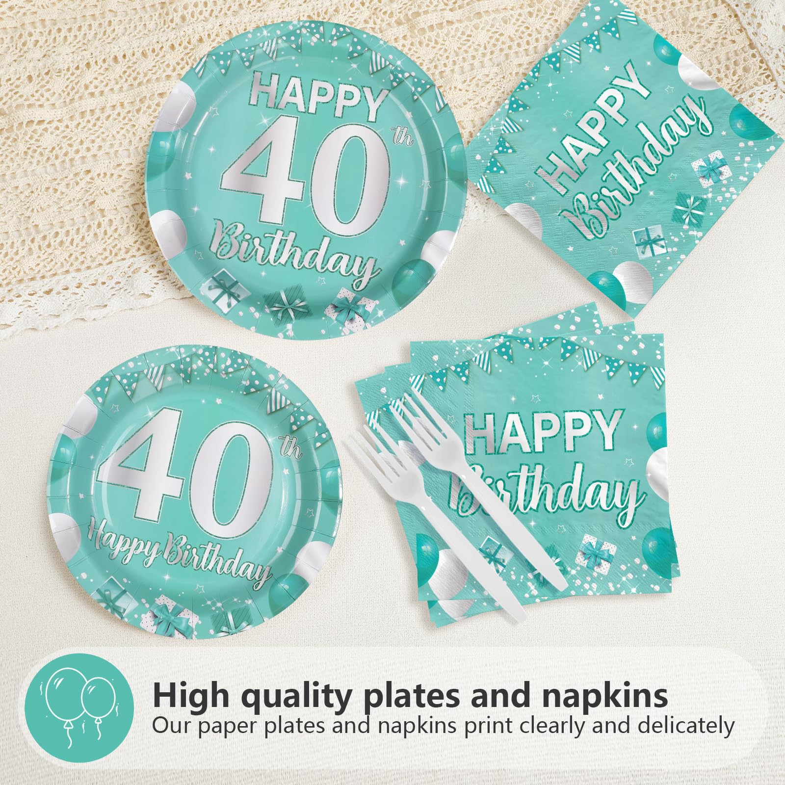 96 Pcs Teal 40th Birthday Party Plates and Napkins - Grencian