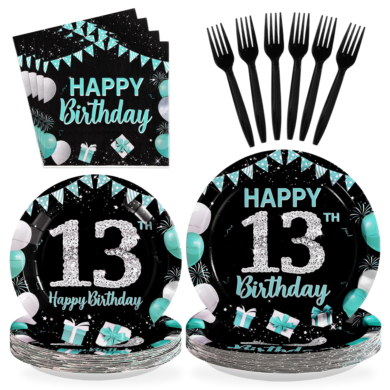 96 Pcs Teal Blue Black 13th Birthday Party Plates and Napkins - Grencian