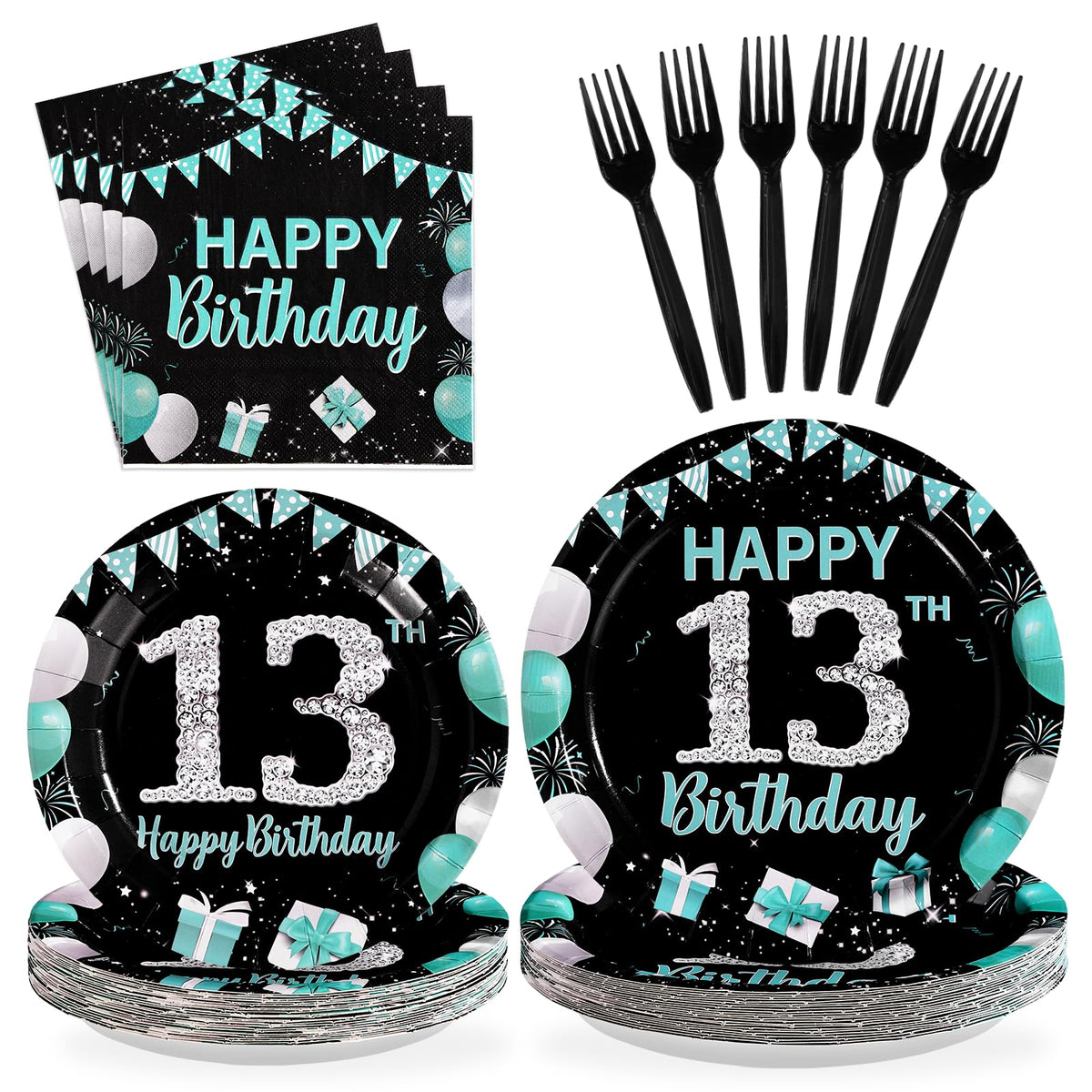 96 Pcs Teal Blue Black 13th Birthday Party Plates and Napkins - Grencian