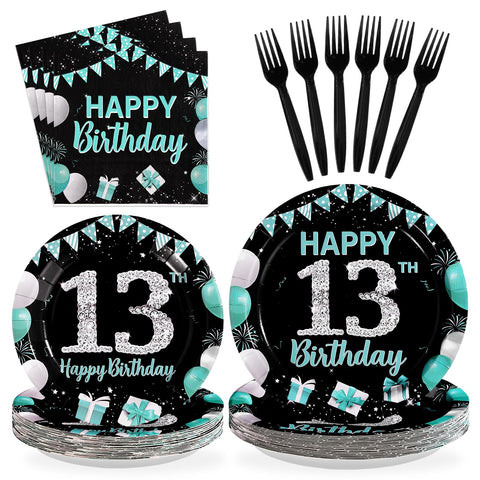 96 Pcs Teal Blue Black 13th Birthday Party Plates and Napkins - Grencian