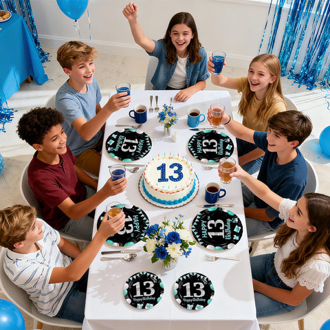 96 Pcs Teal Blue Black 13th Birthday Party Plates and Napkins - Grencian