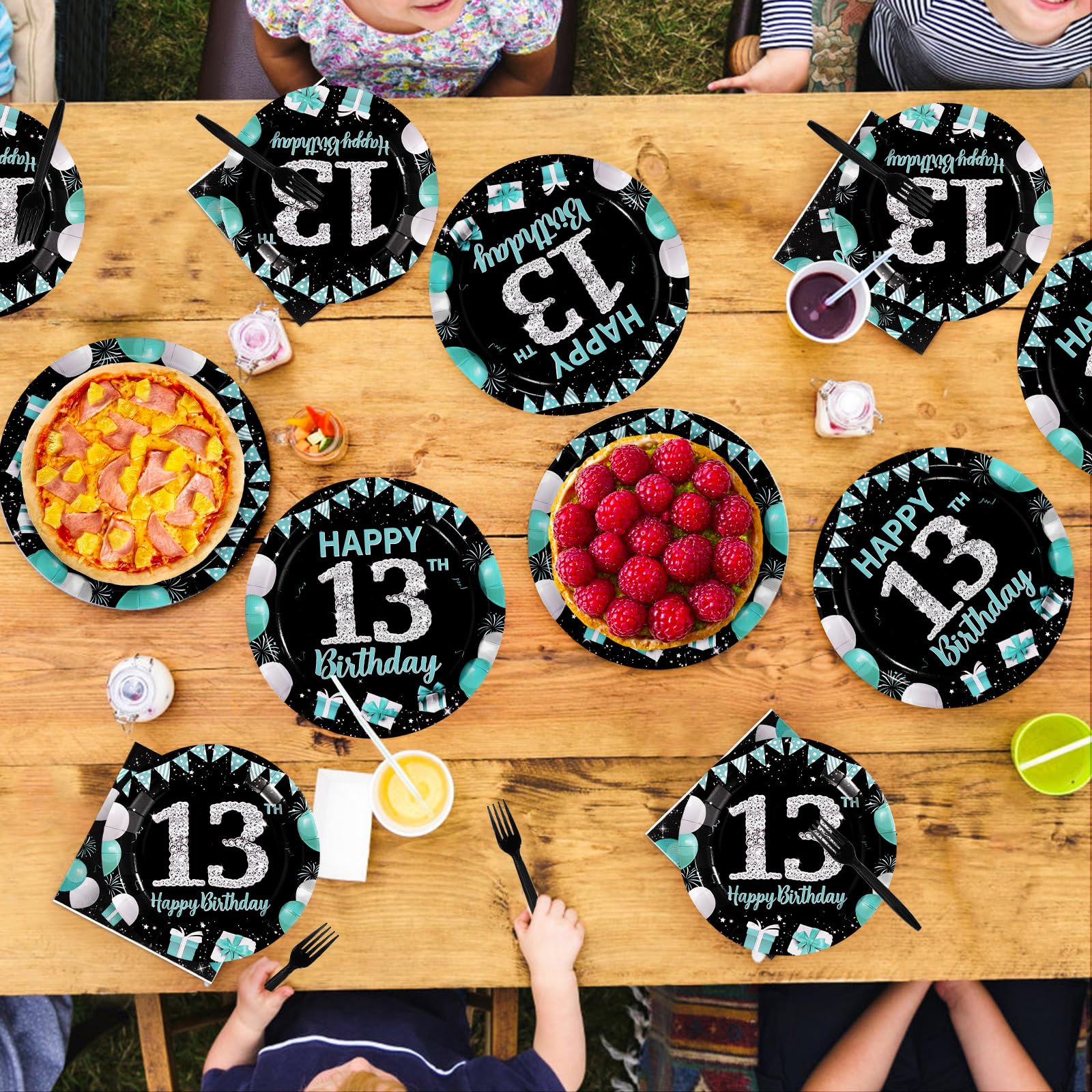 96 Pcs Teal Blue Black 13th Birthday Party Plates and Napkins - Grencian