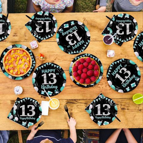 96 Pcs Teal Blue Black 13th Birthday Party Plates and Napkins - Grencian