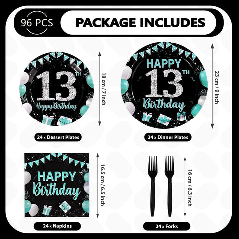 96 Pcs Teal Blue Black 13th Birthday Party Plates and Napkins - Grencian
