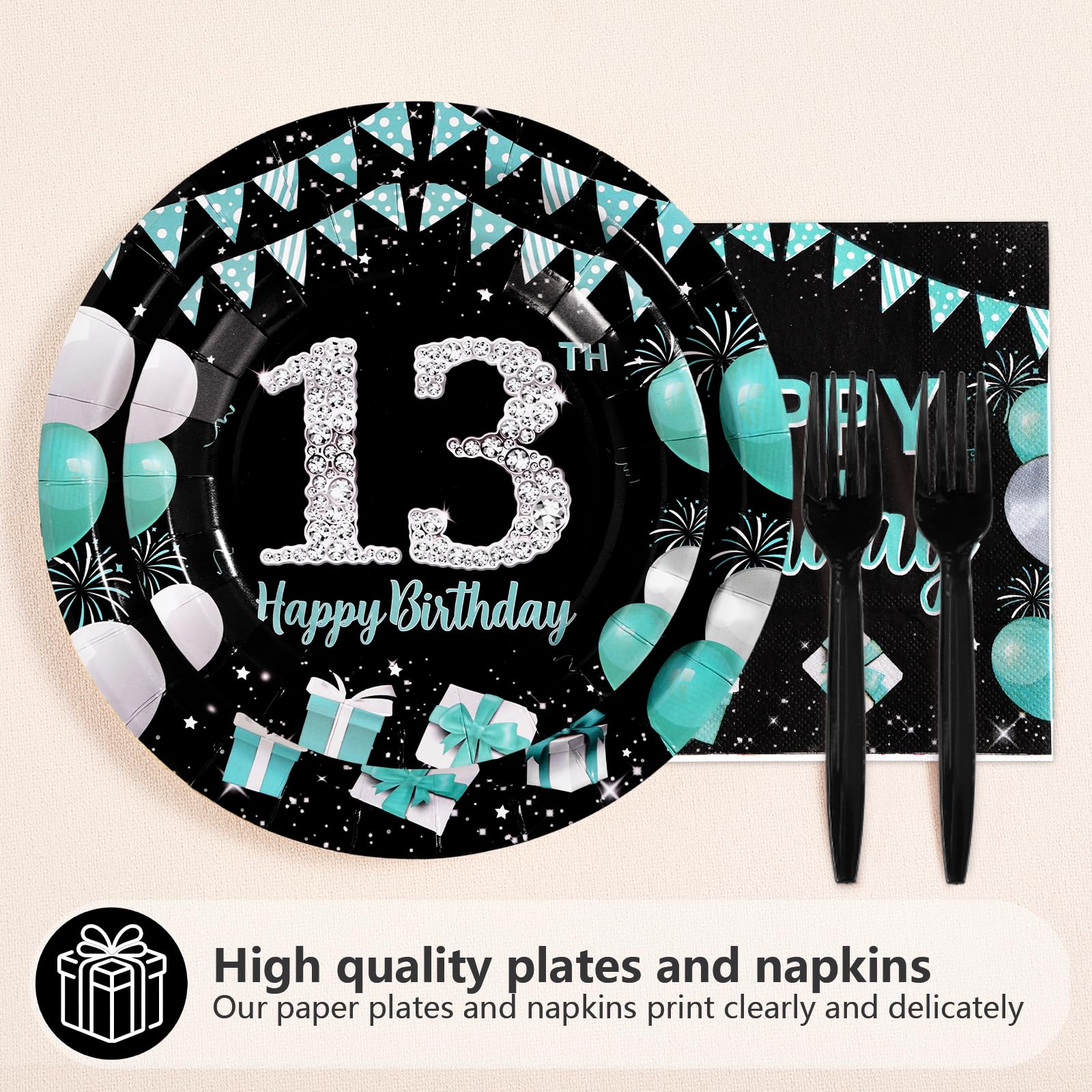 96 Pcs Teal Blue Black 13th Birthday Party Plates and Napkins - Grencian