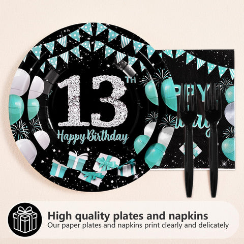 96 Pcs Teal Blue Black 13th Birthday Party Plates and Napkins - Grencian