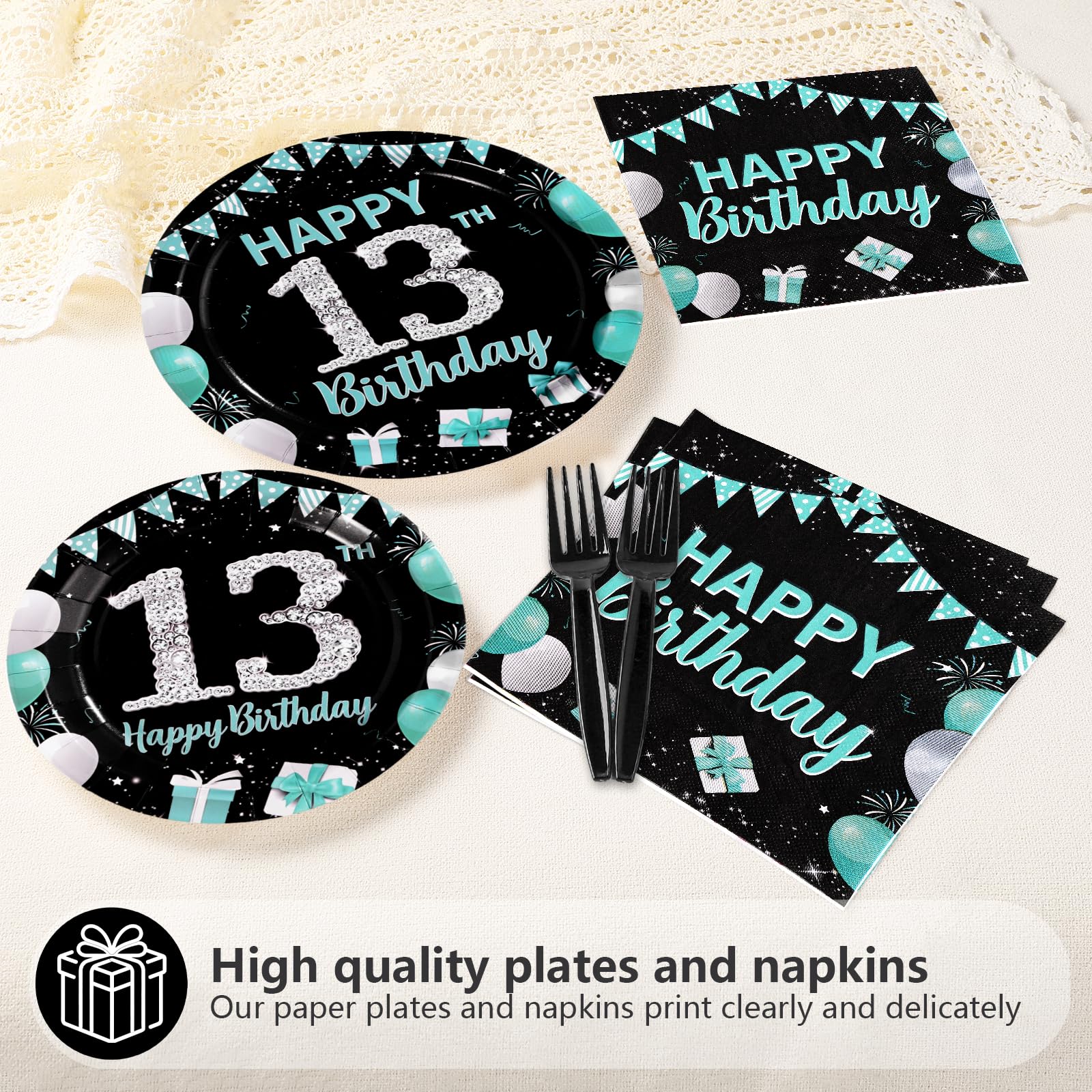 96 Pcs Teal Blue Black 13th Birthday Party Plates and Napkins - Grencian