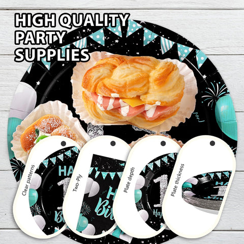 96 Pcs Teal Blue Black 13th Birthday Party Plates and Napkins - Grencian
