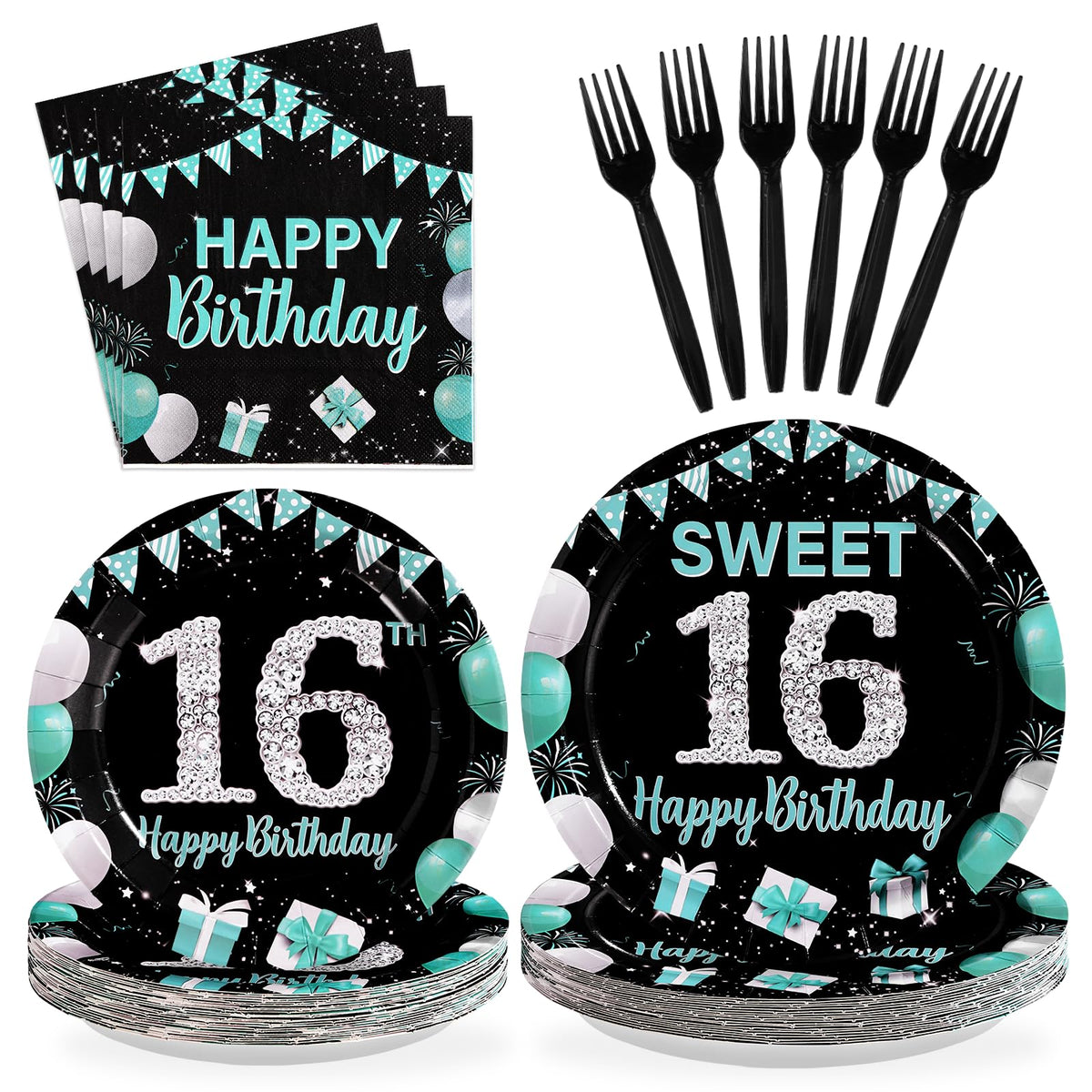 96 Pcs Teal Blue Black 16th Birthday Party Plates and Napkins