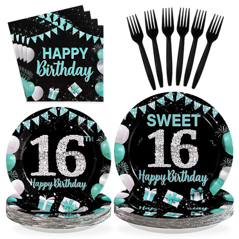 96 Pcs Teal Blue Black 16th Birthday Party Plates and Napkins