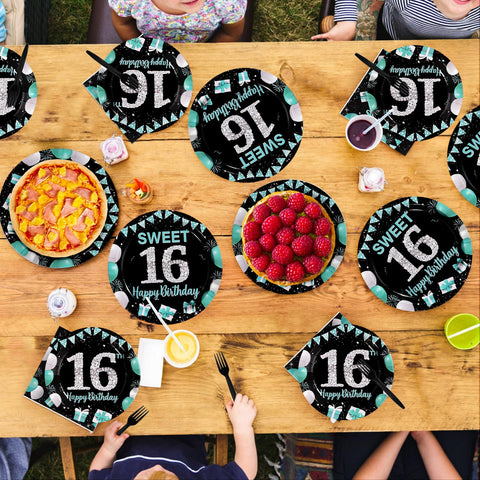 96 Pcs Teal Blue Black 16th Birthday Party Plates and Napkins