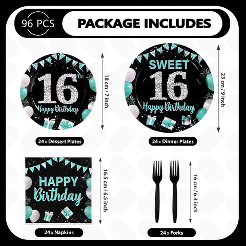 96 Pcs Teal Blue Black 16th Birthday Party Plates and Napkins