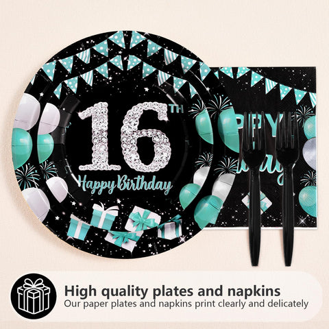 96 Pcs Teal Blue Black 16th Birthday Party Plates and Napkins