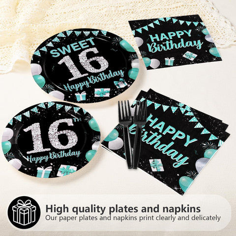 96 Pcs Teal Blue Black 16th Birthday Party Plates and Napkins